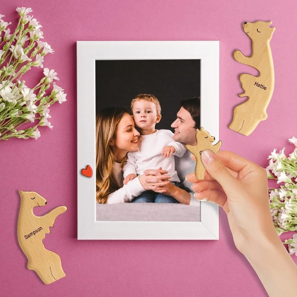 Personalized Wooden Art Puzzle, Bear Jigsaw Puzzle with Heart Loving Family Bear Sculpture Decorative House Warming Wood Birthday Gifts for Adults Kids (4 Members)