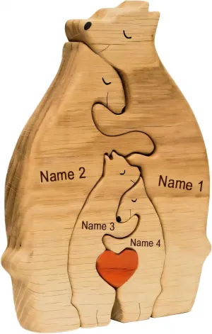 Personalized Wooden Art Puzzle, Bear Jigsaw Puzzle with Heart Loving Family Bear Sculpture Decorative House Warming Wood Birthday Gifts for Adults Kids (4 Members)