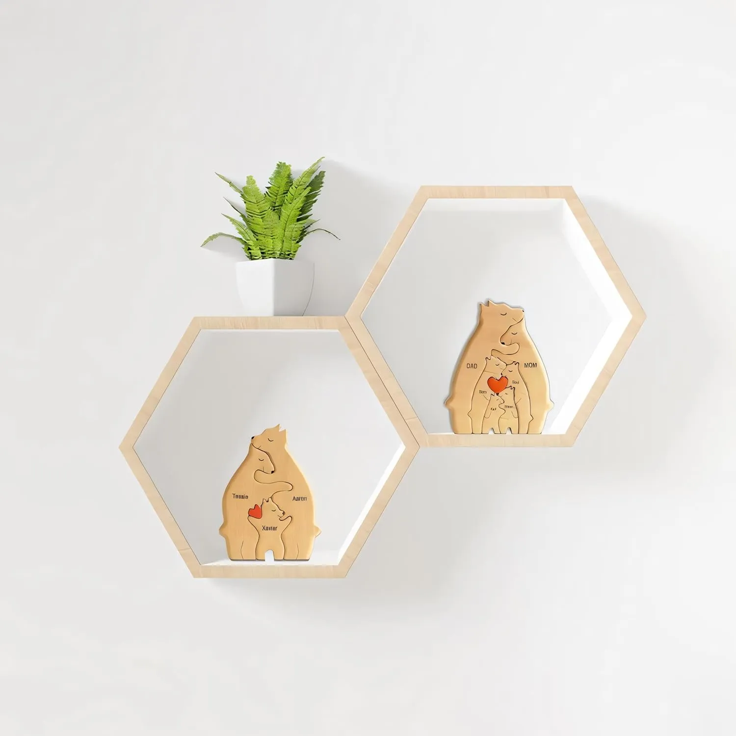 Personalized Wooden Art Puzzle, Bear Jigsaw Puzzle with Heart Loving Family Bear Sculpture Decorative House Warming Wood Birthday Gifts for Adults Kids (4 Members)