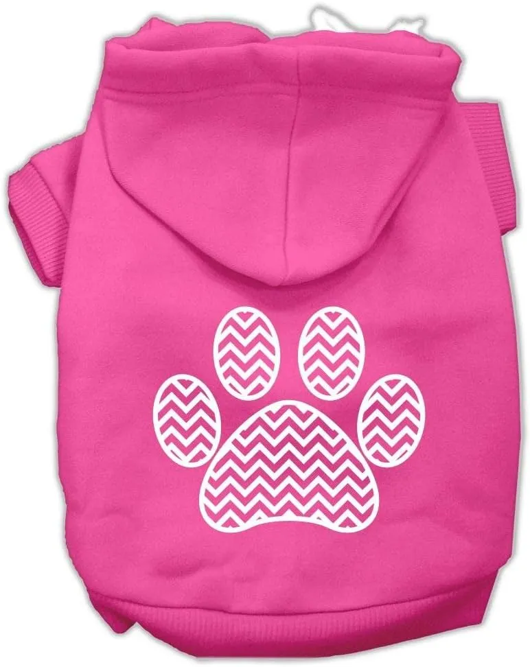 Pet Dog & Cat Hoodie Screen Printed, "Chevron Paw Print" Bright Pink MD (6-10 lbs.)