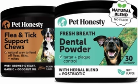 Pet Honesty Flea & Tick Prevention   Dental Powder for Teeth Cleaning & Plaque Removal, Natural Flea & Tick Chews with No Harsh Chemicals