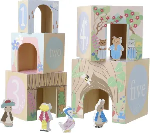 Peter Rabbit: Wooden Stacking Cubes - 5 Numbered Stacking Cubes & 5 Beatrix Potter Character Figures, Stack & Play, Licensed, Toddler & Kids Age 18mo 