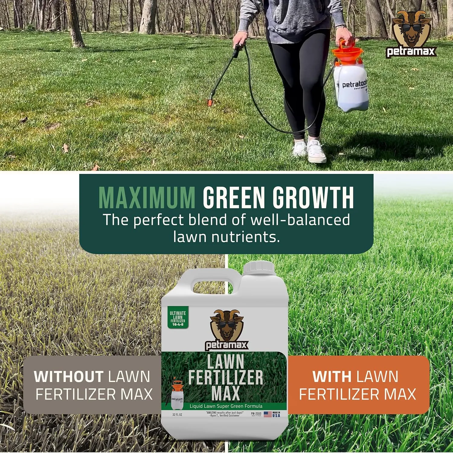 PetraMax Liquid Lawn Fertilizer for Lawns Concentrate - Liquid Fertilizer for Lawns, Food for Grass - 16-4-8 High Nitrogen Lush Green Grass, Phosphorus for Strong Roots - Apply Spring & Summer (32 oz)