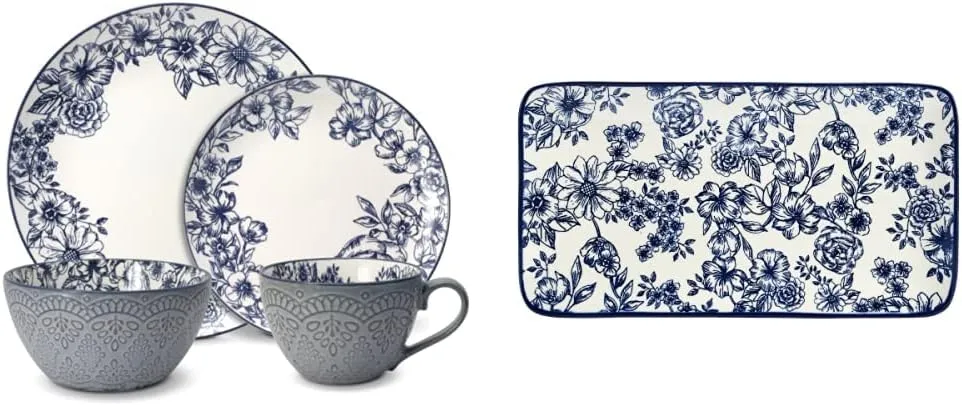 Pfaltzgraff Gabriela Blue 16-Piece Dinnerware Set, Service for 4 and Pfaltzgraff Gabriela Floral Rectangle Platter, 14.75 Inch, Blue and White