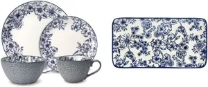 Pfaltzgraff Gabriela Blue 16-Piece Dinnerware Set, Service for 4 and Pfaltzgraff Gabriela Floral Rectangle Platter, 14.75 Inch, Blue and White