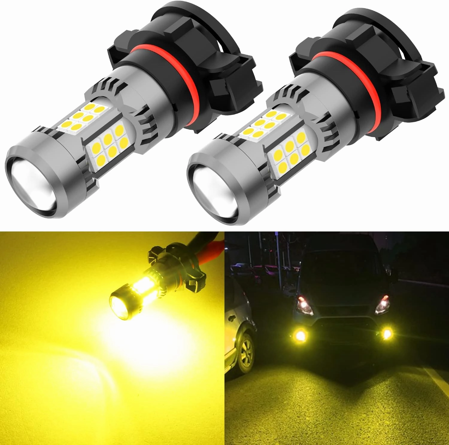 PHINLION PSX24W 2504 12276 LED Fog Light Bulbs, 3200 Lumens Super Bright, 3000K Golden Yellow, 3030 30 SMD Chips, DRL Replacement Lamps for Cars, Trucks, SUVs