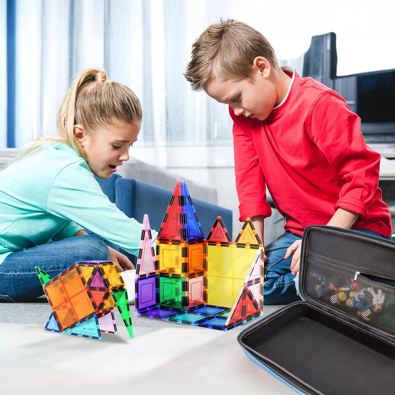 PicassoTiles 101pcs Magnetic Building Block Toy   Case Set Magnet Tile Construction Blocks for Ages 3 and Up Educational Kit Child Brain Development Learning Playset in Portable Travel Carry Bin