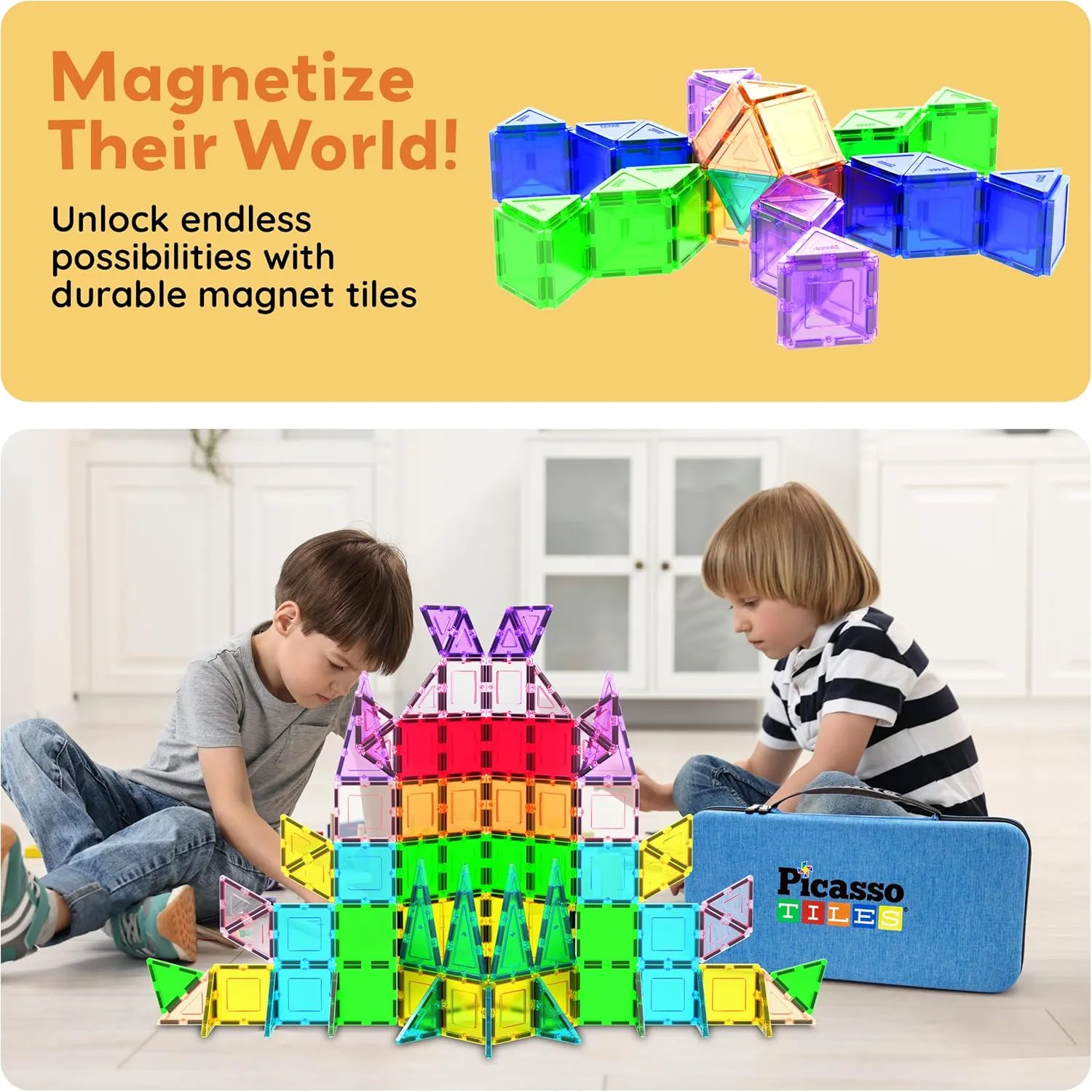 PicassoTiles 101pcs Magnetic Building Block Toy   Case Set Magnet Tile Construction Blocks for Ages 3 and Up Educational Kit Child Brain Development Learning Playset in Portable Travel Carry Bin