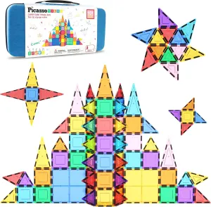 PicassoTiles 101pcs Magnetic Building Block Toy   Case Set Magnet Tile Construction Blocks for Ages 3 and Up Educational Kit Child Brain Development Learning Playset in Portable Travel Carry Bin