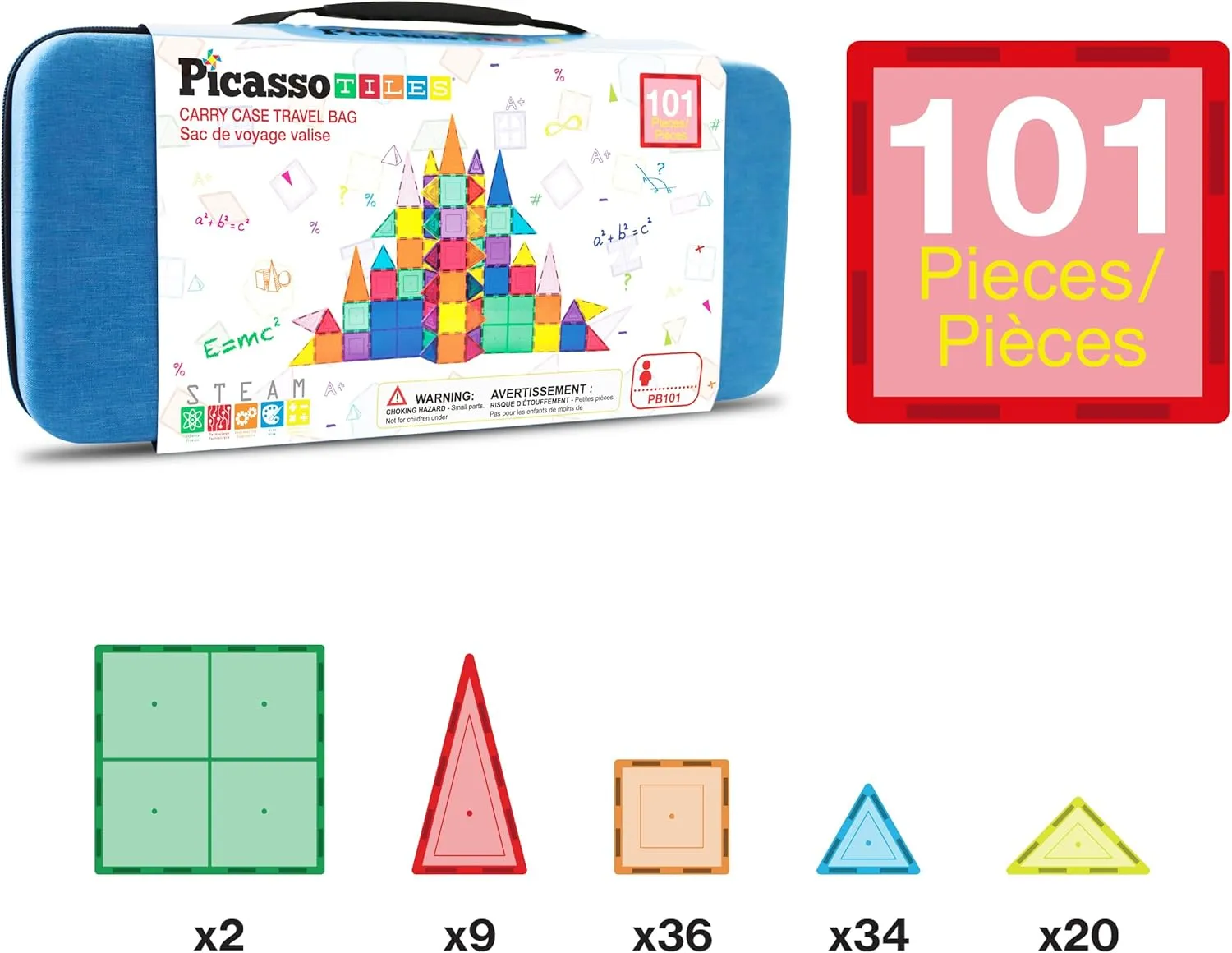 PicassoTiles 101pcs Magnetic Building Block Toy   Case Set Magnet Tile Construction Blocks for Ages 3 and Up Educational Kit Child Brain Development Learning Playset in Portable Travel Carry Bin