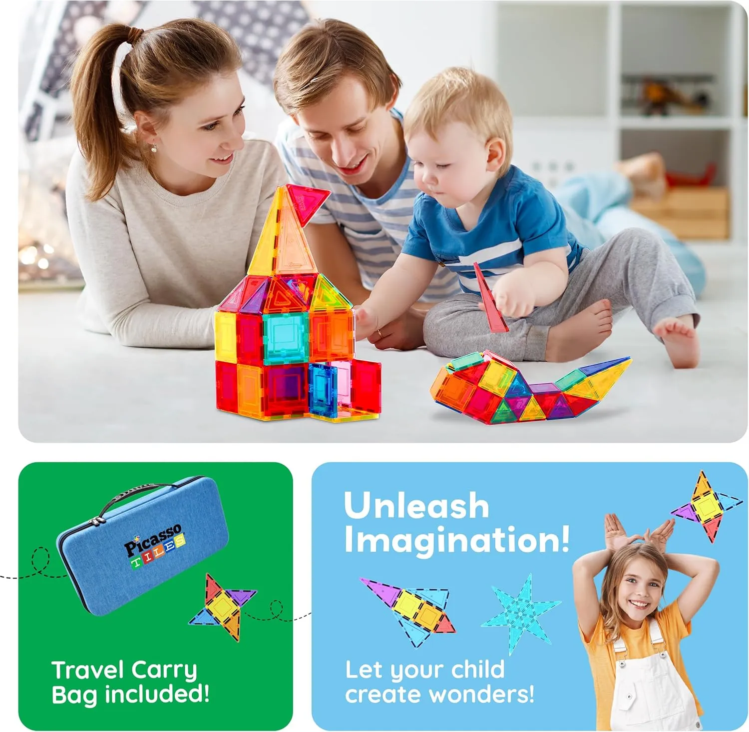 PicassoTiles 101pcs Magnetic Building Block Toy   Case Set Magnet Tile Construction Blocks for Ages 3 and Up Educational Kit Child Brain Development Learning Playset in Portable Travel Carry Bin