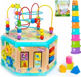 Pidoko Kids Wooden Activity Cube with 2 Tops - Montessori Center Birthday Gifts for 18 Months   Year Old Toddlers - Developmental Learning Baby Girl Boy Toys - Educational Bead Maze Set and Zoo Book