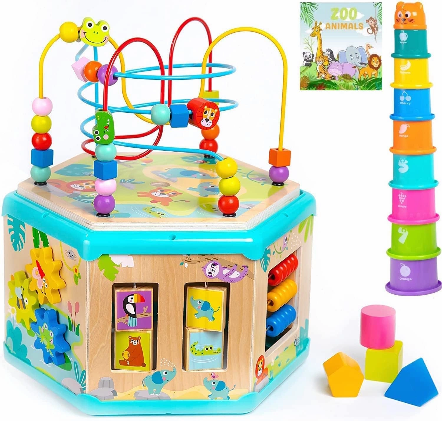 Pidoko Kids Wooden Activity Cube with 2 Tops - Montessori Center Birthday Gifts for 18 Months   Year Old Toddlers - Developmental Learning Baby Girl Boy Toys - Educational Bead Maze Set and Zoo Book