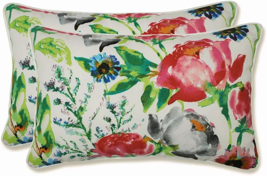Pillow Perfect Bright Floral Indoor/Outdoor Accent Throw Pillow, Plush Fill, Weather, and Fade Resistant, Lumbar - 11.5" x 18.5" , Pink/Blue Flower Mania, 2 Count