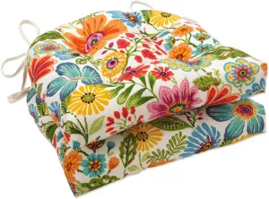 Pillow Perfect Bright Floral Indoor/Outdoor Chairpad with Ties Reversible, Tufted, Weather, and Fade Resistant, 15.5" x 16", Blue/Purple Gregoire 2 Count