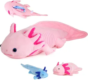 Pink Axolotl Plush with 2 Small Axolotl Stuffed Animals, 3Piece Soft Axolotl Stuffed Animals Zippers Playset, Axolotl Mom with Babies, Unique Plushie Toys Model Dolls Collection for Kids