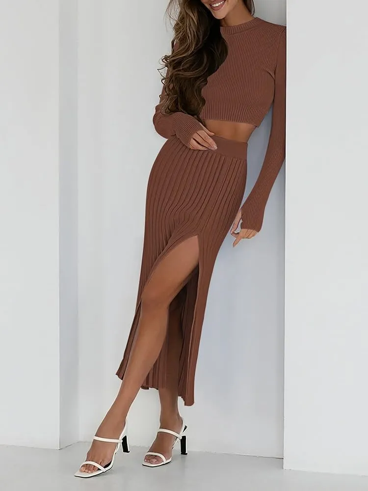 Pink Queen Women's 2 Piece Sweater Outfits Set Long Sleeve Crop Top Ribbed Split Bodycon Midi Long Skirt Knit Dresses
