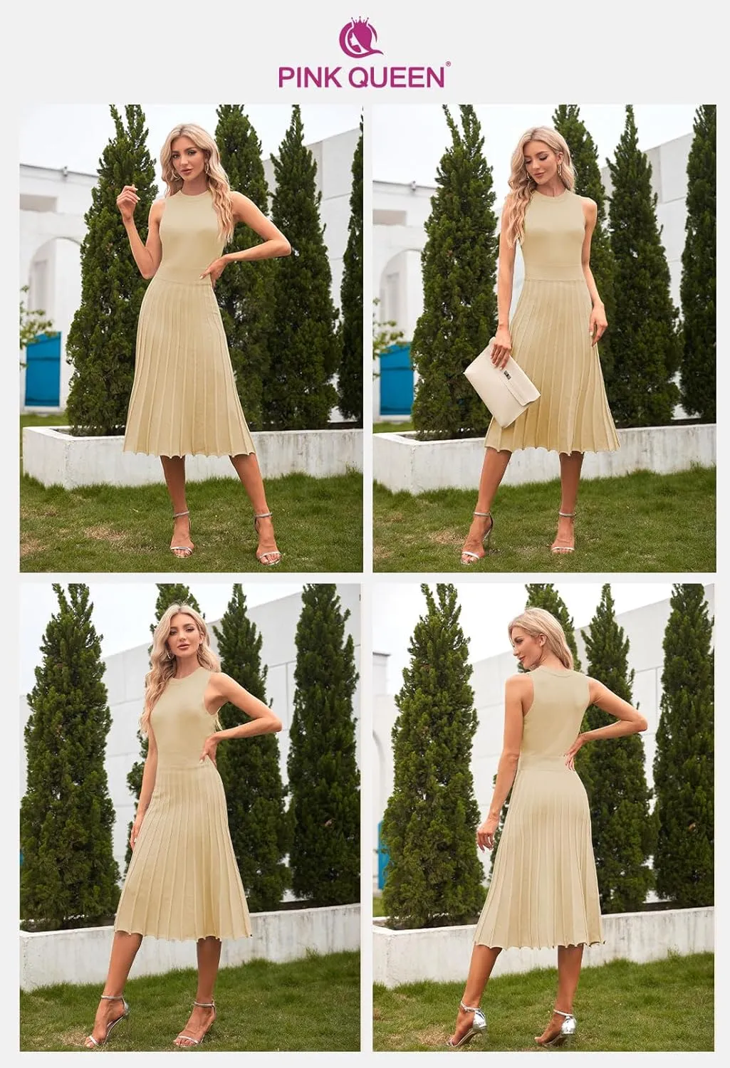 Pink Queen Women's Crew Neck Sleeveless High Waisted Bodycon Pleated Ribbed Swing Knit Midi Dresses