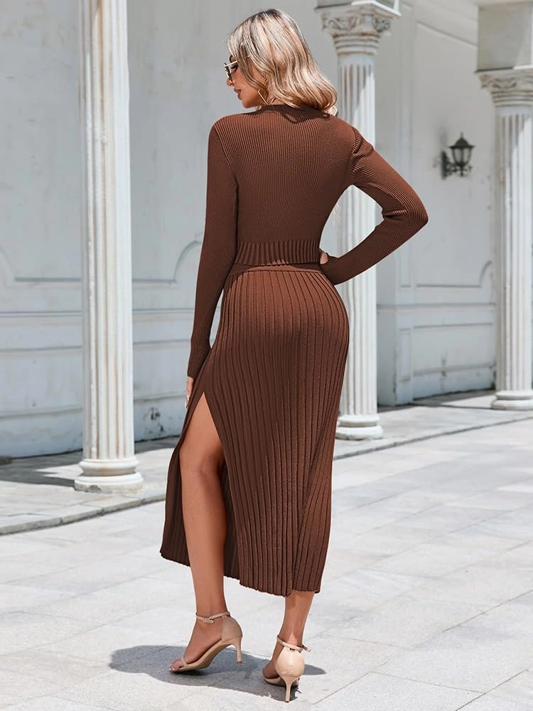 Pink Queen Women's 2 Piece Sweater Outfits Set Long Sleeve Crop Top Ribbed Split Bodycon Midi Long Skirt Knit Dresses