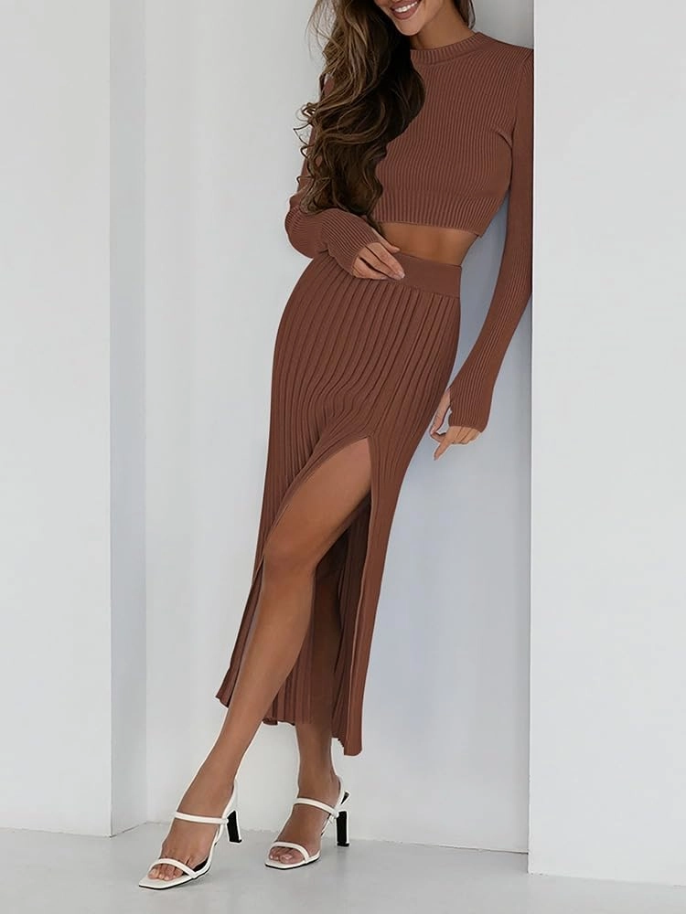 Pink Queen Women's 2 Piece Sweater Outfits Set Long Sleeve Crop Top Ribbed Split Bodycon Midi Long Skirt Knit Dresses