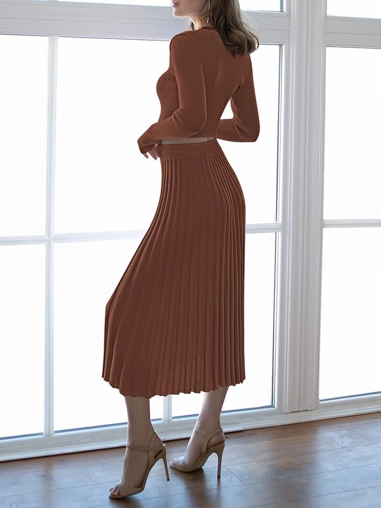 Pink Queen Women's 2 Piece Sweater Outfits Set Long Sleeve Crop Top Ribbed Split Bodycon Midi Long Skirt Knit Dresses