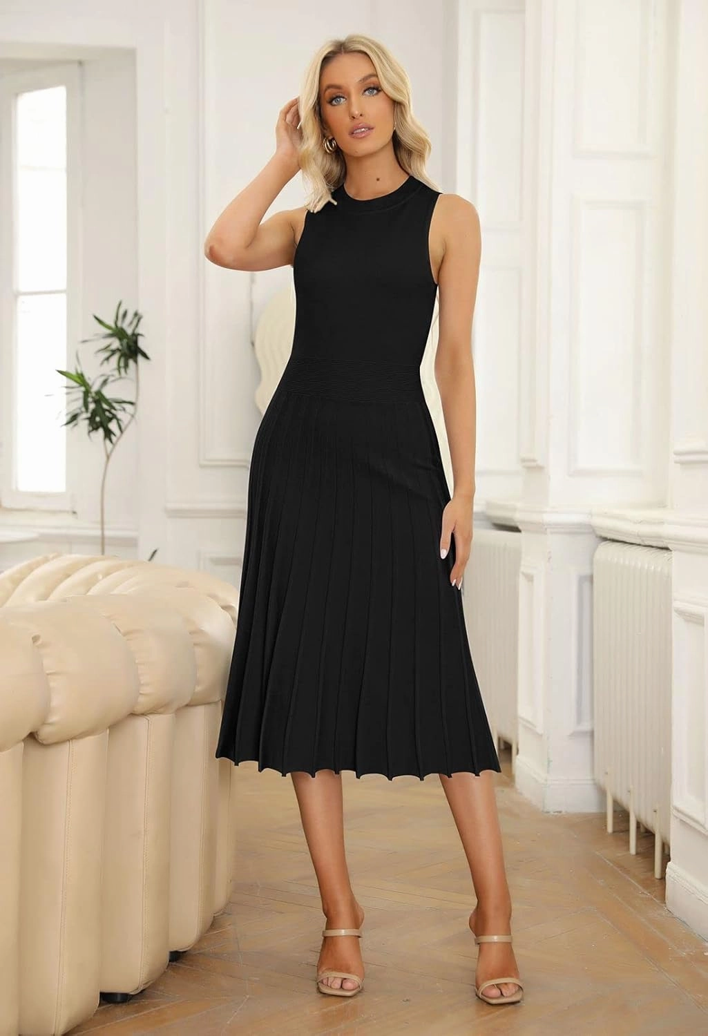 Pink Queen Women's Crew Neck Sleeveless High Waisted Bodycon Pleated Ribbed Swing Knit Midi Dresses