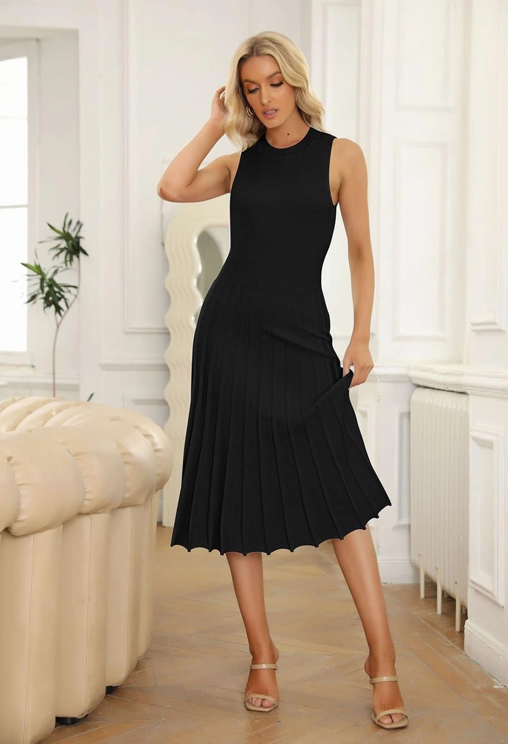 Pink Queen Women's Crew Neck Sleeveless High Waisted Bodycon Pleated Ribbed Swing Knit Midi Dresses