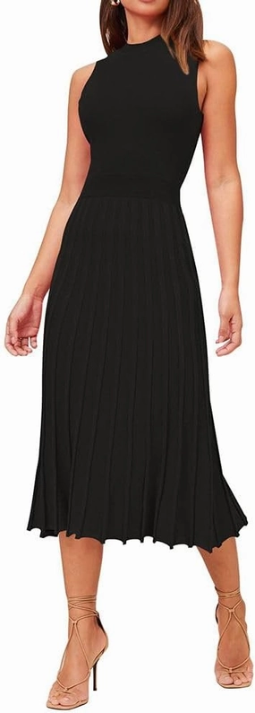 Pink Queen Women's Crew Neck Sleeveless High Waisted Bodycon Pleated Ribbed Swing Knit Midi Dresses