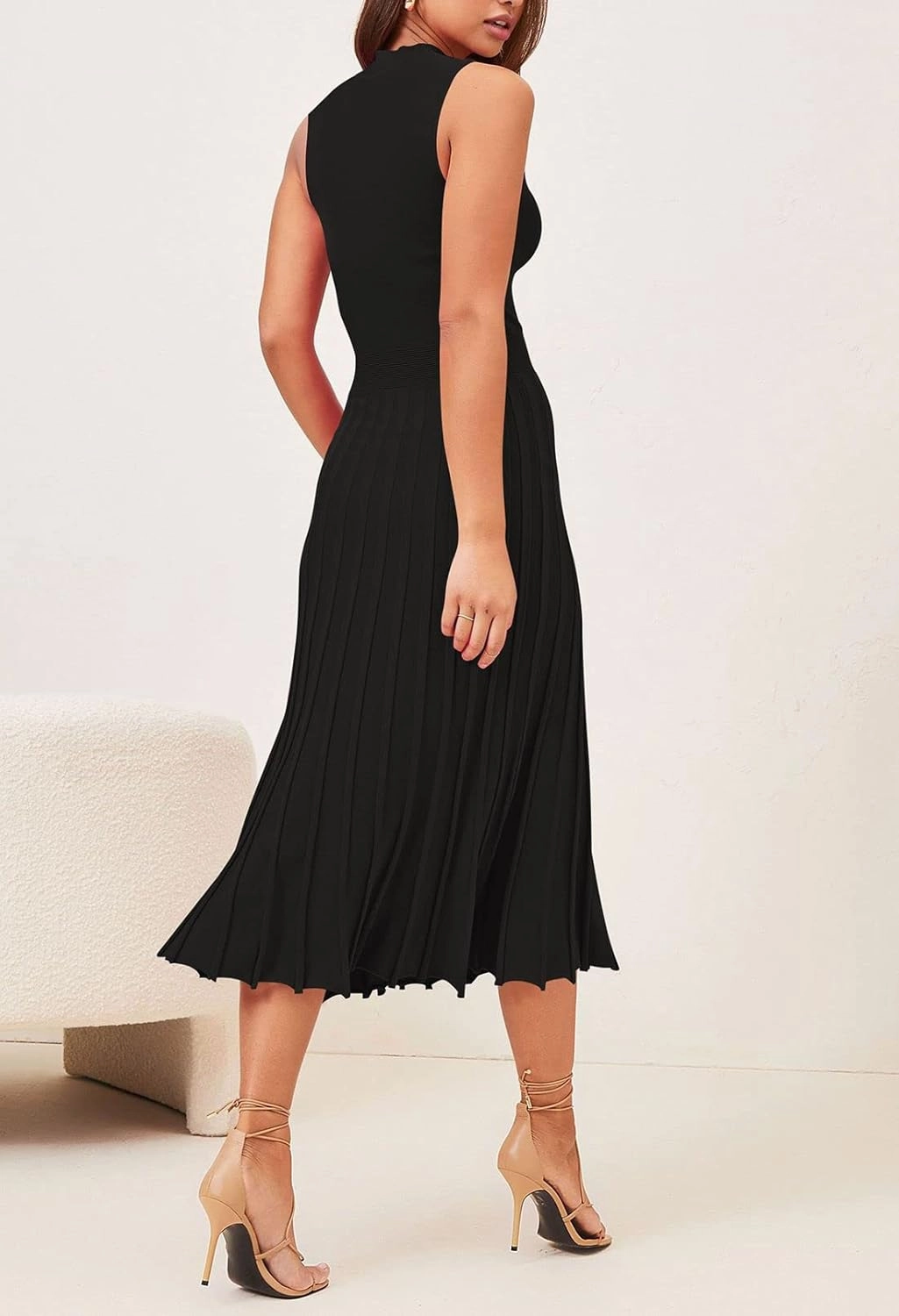 Pink Queen Women's Crew Neck Sleeveless High Waisted Bodycon Pleated Ribbed Swing Knit Midi Dresses