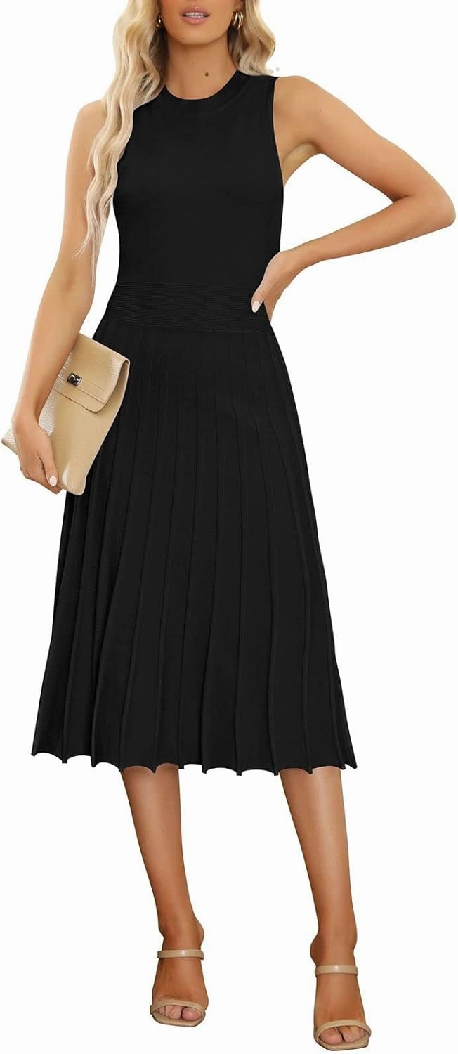 Pink Queen Women's Crew Neck Sleeveless High Waisted Bodycon Pleated Ribbed Swing Knit Midi Dresses