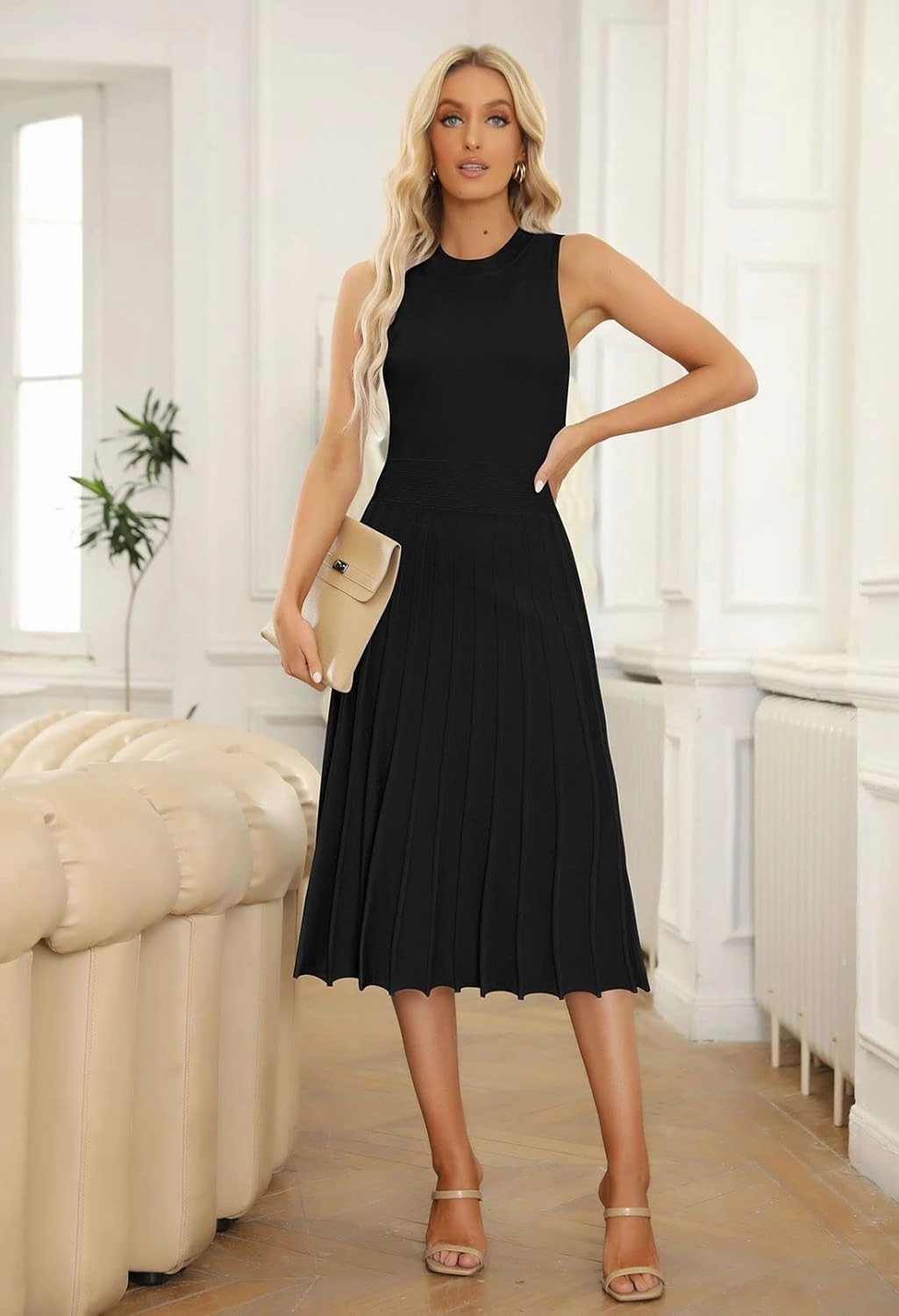 Pink Queen Women's Crew Neck Sleeveless High Waisted Bodycon Pleated Ribbed Swing Knit Midi Dresses