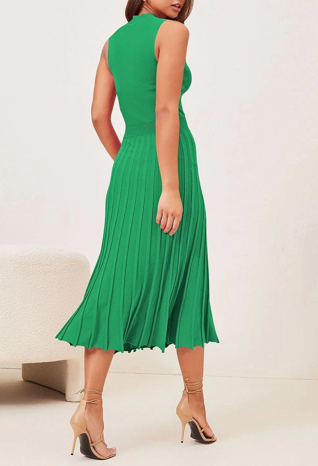 Pink Queen Women's Crew Neck Sleeveless High Waisted Bodycon Pleated Ribbed Swing Knit Midi Dresses