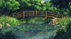 Pixel Art River Bridge A Small Wooden Bridge Crossing Over a River with Pixel Art Fish Visible in The Clear Water Below Jigsaw Puzzles 1000 Pieces Games Toys Best Gift for Adults and Kids