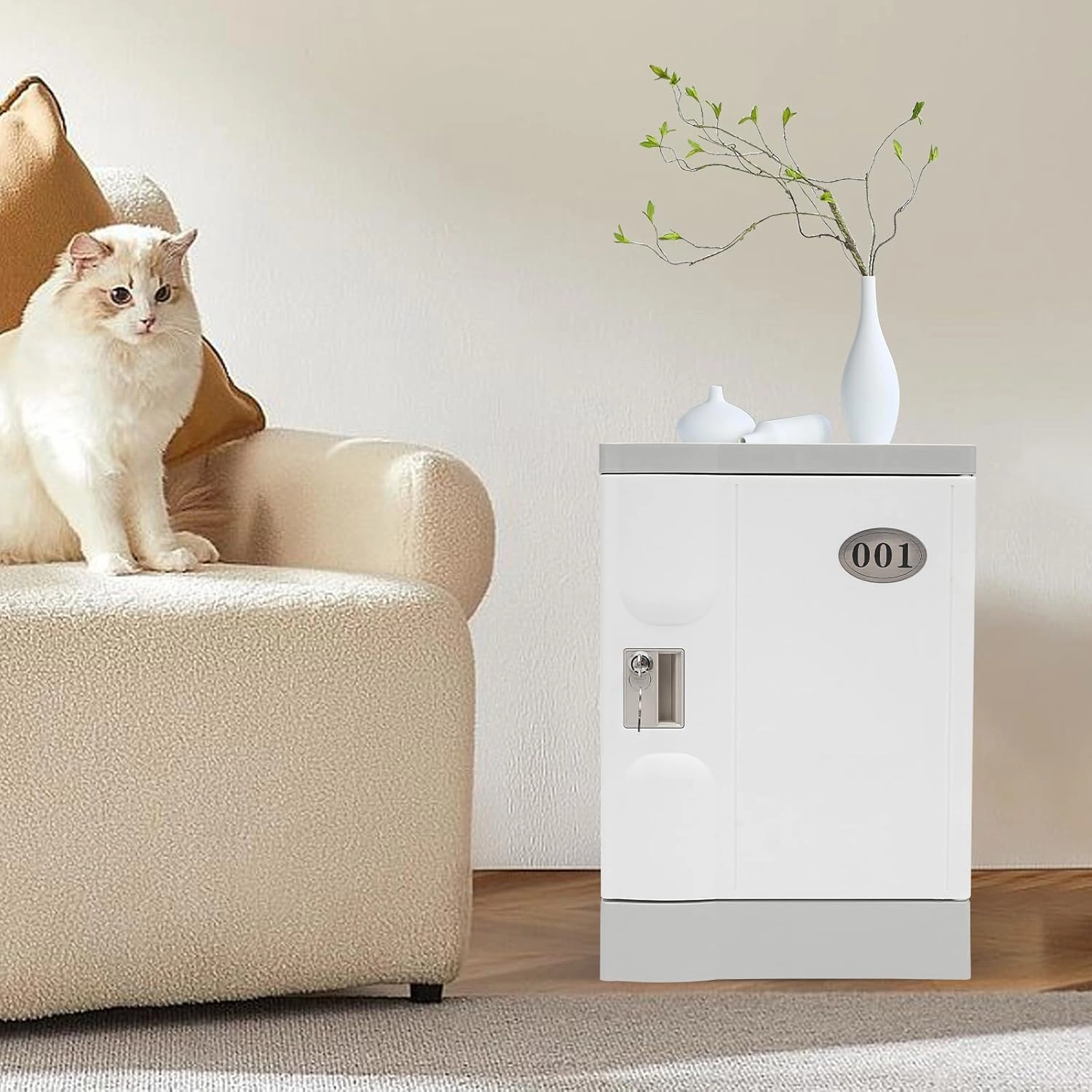 Plastic Locker, Lockable Storage Cabinet 19" with Keys | Great for Kids, Home, School, Office or Outdoor | Toy Box, Footlocker, Bedside Dresser/Nightstand, Sports or Gym (White)