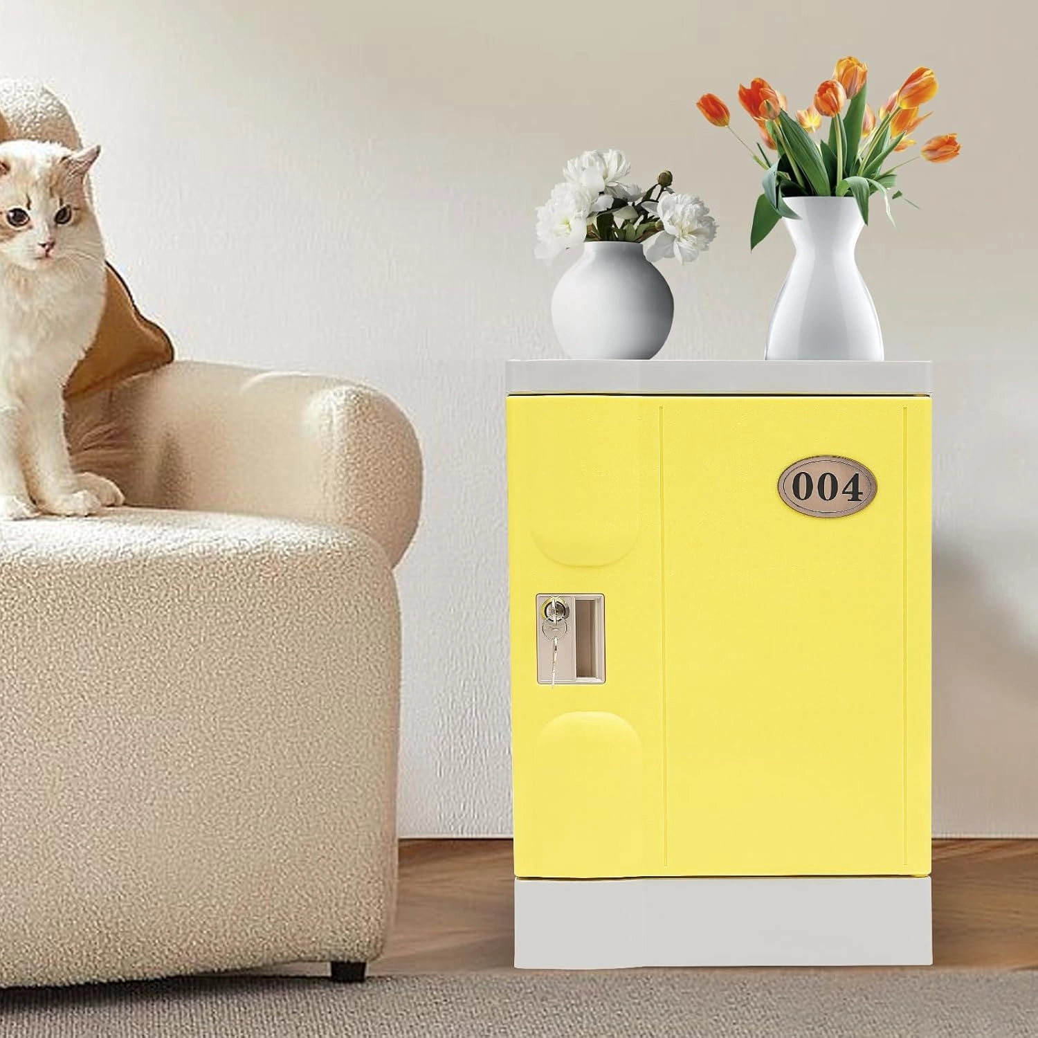 Plastic Locker, Lockable Storage Cabinet 19" with Keys | Great for Kids, Home, School, Office or Outdoor | Toy Box, Footlocker, Bedside Dresser/Nightstand, Sports or Gym (Yellow)