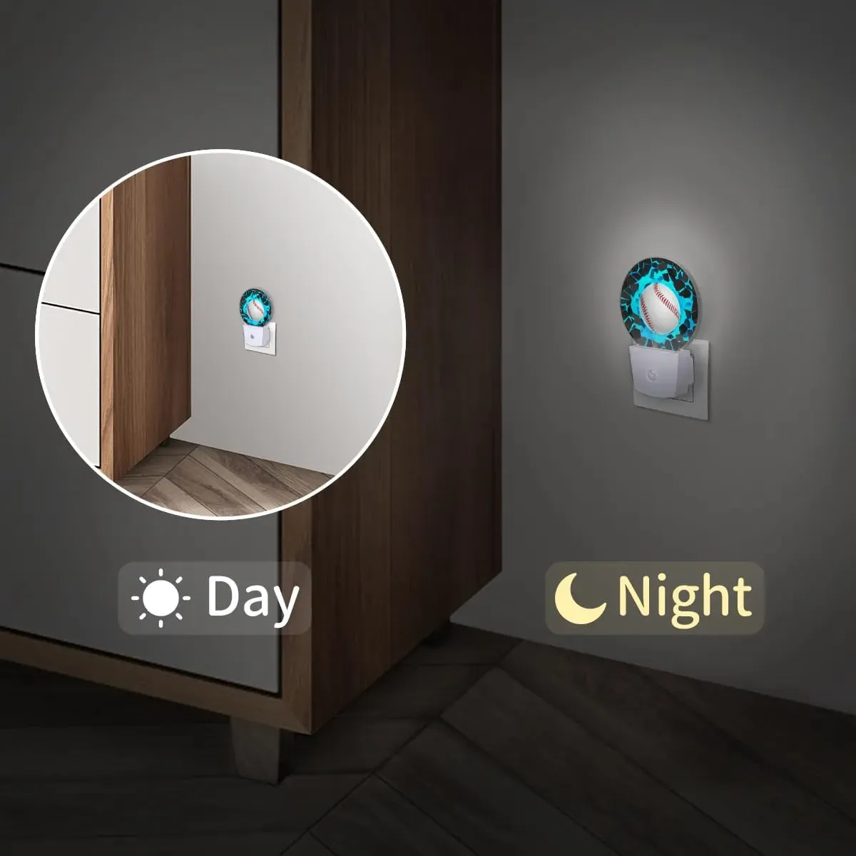 Plug-in Led Night Light with Auto Dusk to Dawn Sensor for Boys Girls Room Decor, 3D Blue Baseball Wall Lamp Nightlights for Hallway,Bedroom, Kids Room, Kitchen, Stairway, (0.5W, 2 Pack)