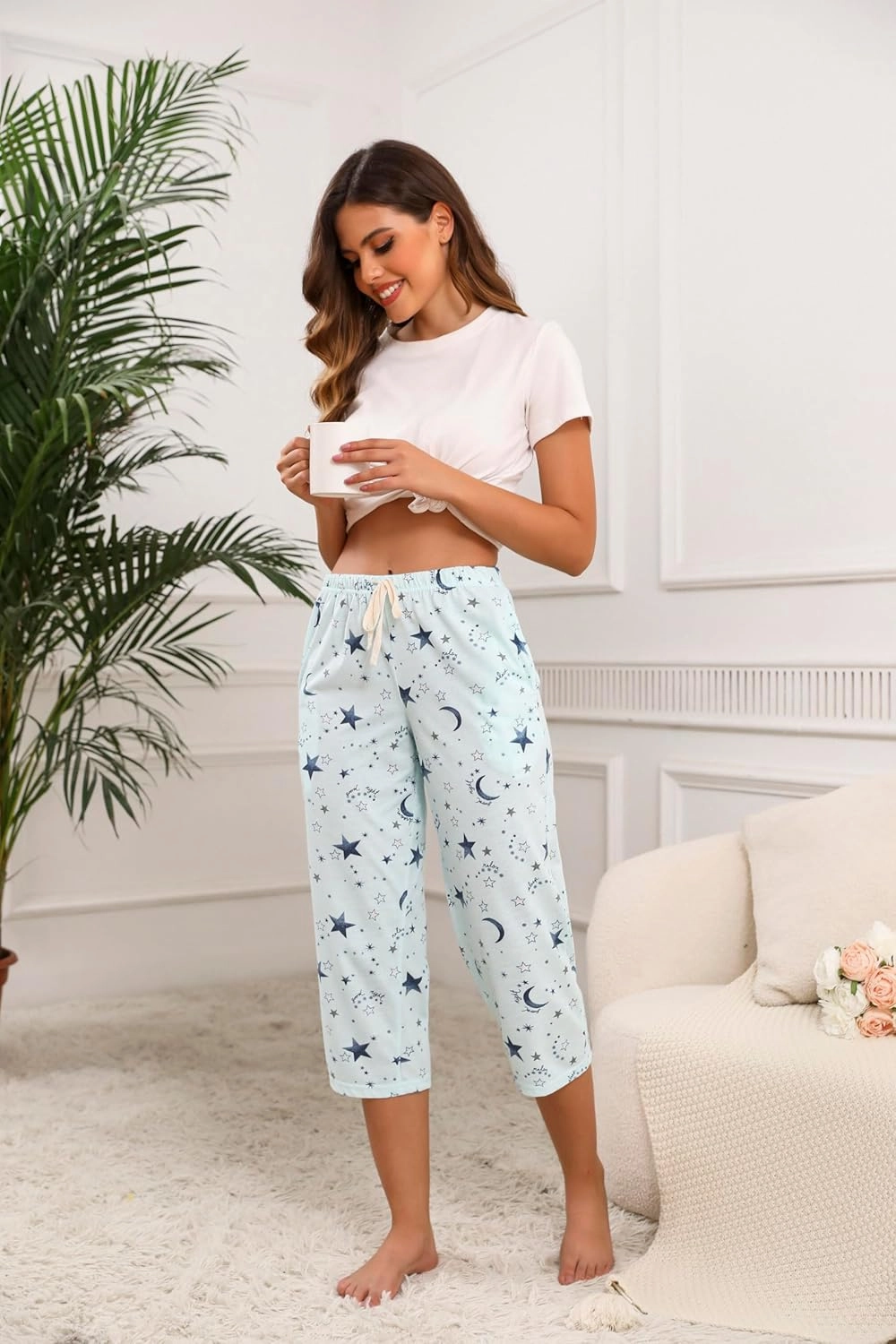 PNAEONG Women's Capri Pajama Pants Lounge Causal Bottoms Fun Print Sleep Pants
