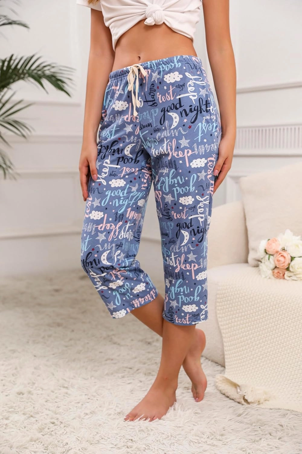 PNAEONG Women's Capri Pajama Pants Lounge Causal Bottoms Fun Print Sleep Pants