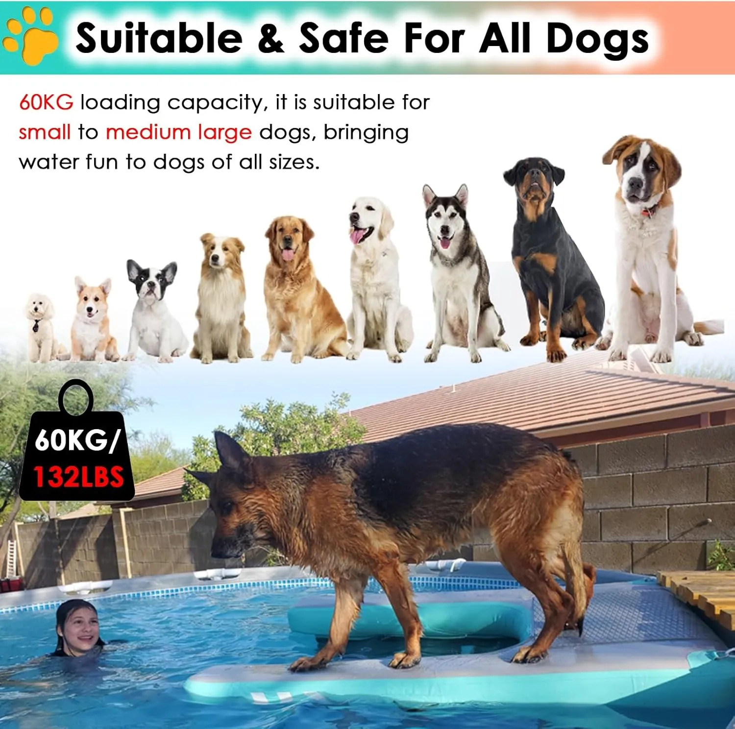 Pool Dog Ramp Portable Inflatable, PVC Non-Slip Pet Climbing Ladder Swimming Rest Platform, with Manual Air Inflation Pump, for Dock Lake Boat Up to 60kg Dogs(Blue)