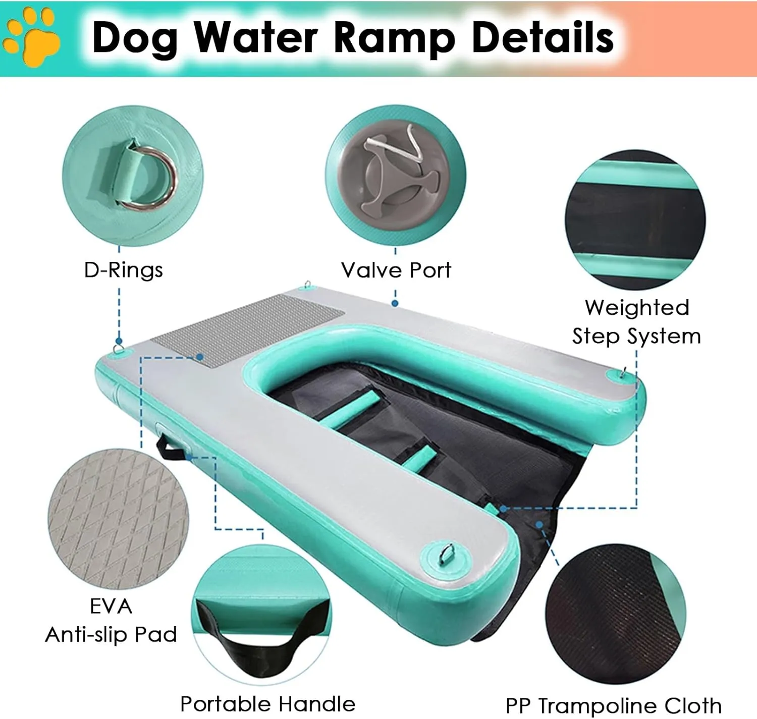 Pool Dog Ramp Portable Inflatable, PVC Non-Slip Pet Climbing Ladder Swimming Rest Platform, with Manual Air Inflation Pump, for Dock Lake Boat Up to 60kg Dogs(Blue)