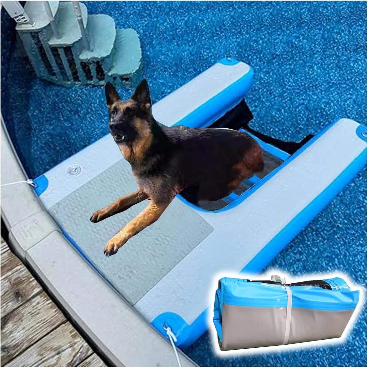 Pool Dog Ramp Portable Inflatable, PVC Non-Slip Pet Climbing Ladder Swimming Rest Platform, with Manual Air Inflation Pump, for Dock Lake Boat Up to 60kg Dogs(Blue)