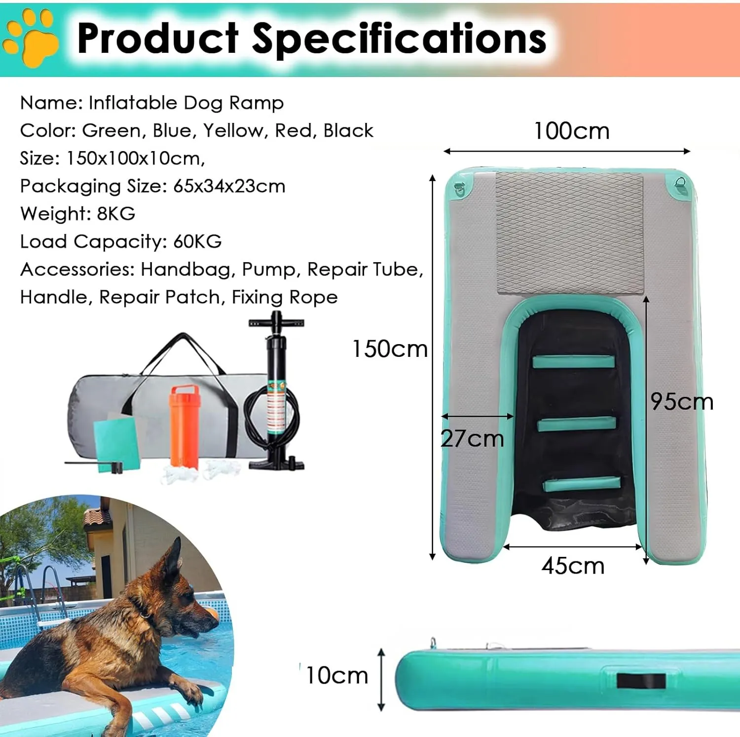 Pool Dog Ramp Portable Inflatable, PVC Non-Slip Pet Climbing Ladder Swimming Rest Platform, with Manual Air Inflation Pump, for Dock Lake Boat Up to 60kg Dogs(Blue)