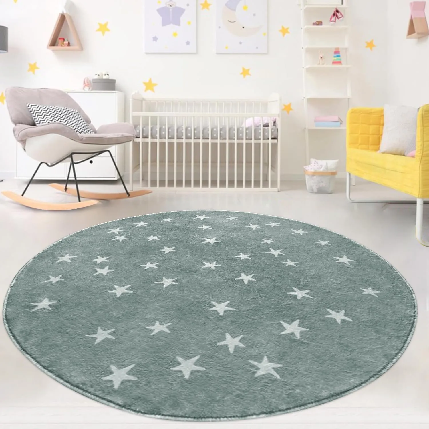 Poowe Stars Round Rug Starry Sky Stars Area Rug Soft Durable Washable for Nursery Playroom Classroom，Kids Area Rug, Large Non-Slip Baby Crawling Floor Mat,Blue-Round 4FT