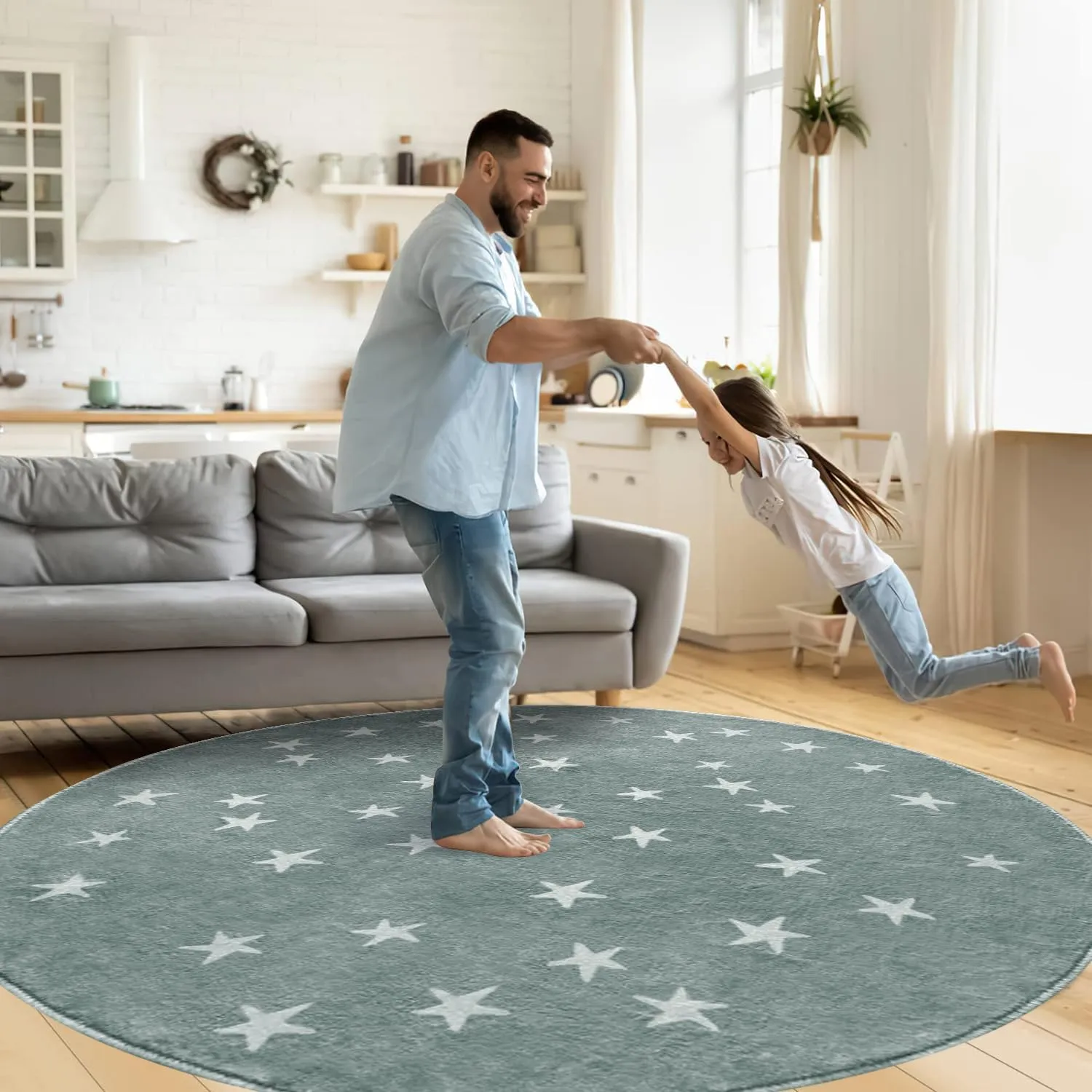 Poowe Stars Round Rug Starry Sky Stars Area Rug Soft Durable Washable for Nursery Playroom Classroom，Kids Area Rug, Large Non-Slip Baby Crawling Floor Mat,Blue-Round 4FT