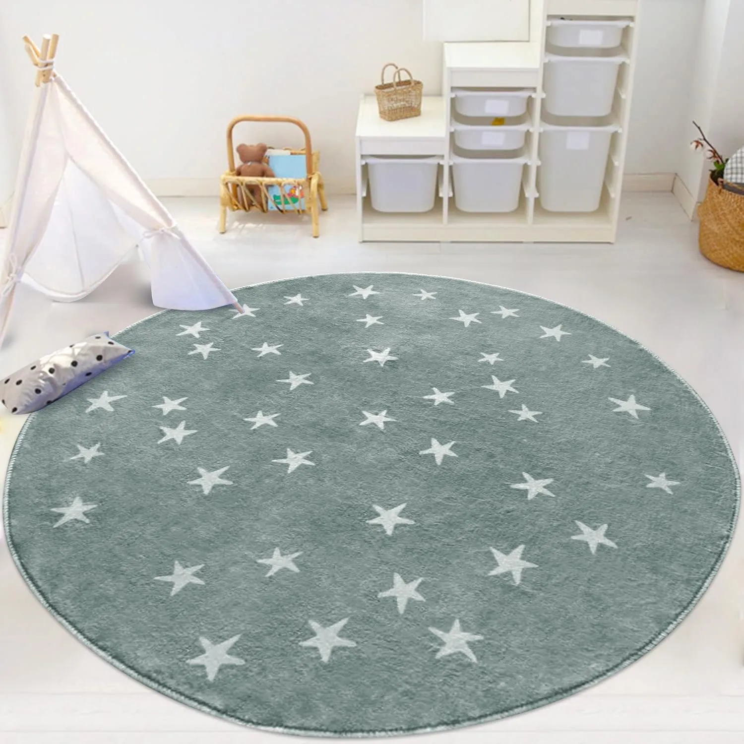 Poowe Stars Round Rug Starry Sky Stars Area Rug Soft Durable Washable for Nursery Playroom Classroom，Kids Area Rug, Large Non-Slip Baby Crawling Floor Mat,Blue-Round 4FT