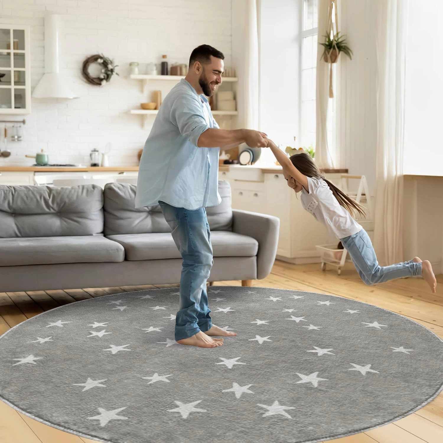 Poowe Stars Round Rug Starry Sky Stars Area Rug Soft Durable Washable for Nursery Playroom Classroom，Kids Area Rug, Large Non-Slip Baby Crawling Floor Mat,Grey-Round 4FT