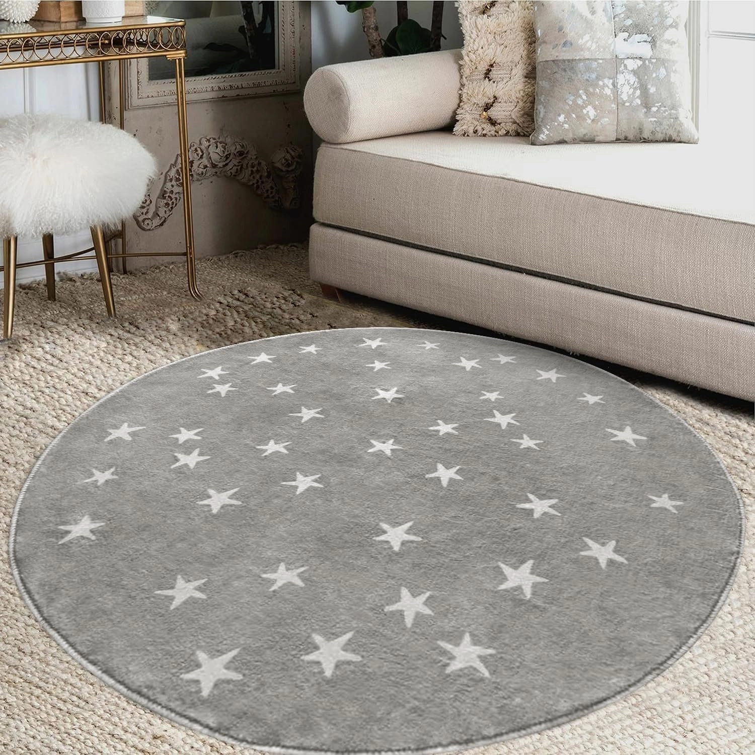 Poowe Stars Round Rug Starry Sky Stars Area Rug Soft Durable Washable for Nursery Playroom Classroom，Kids Area Rug, Large Non-Slip Baby Crawling Floor Mat,Grey-Round 4FT