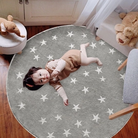 Poowe Stars Round Rug Starry Sky Stars Area Rug Soft Durable Washable for Nursery Playroom Classroom，Kids Area Rug, Large Non-Slip Baby Crawling Floor Mat,Grey-Round 4FT