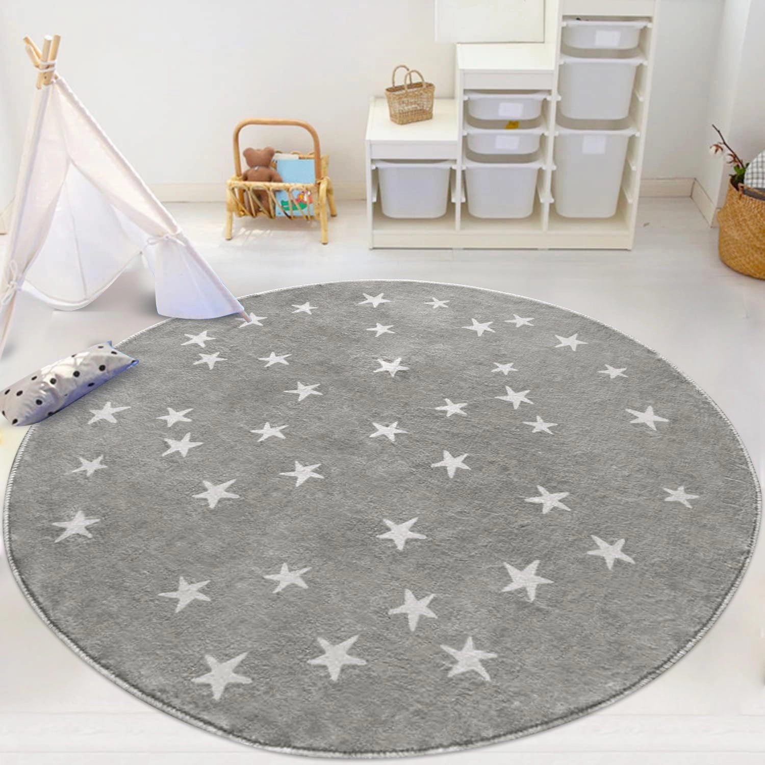 Poowe Stars Round Rug Starry Sky Stars Area Rug Soft Durable Washable for Nursery Playroom Classroom，Kids Area Rug, Large Non-Slip Baby Crawling Floor Mat,Grey-Round 4FT