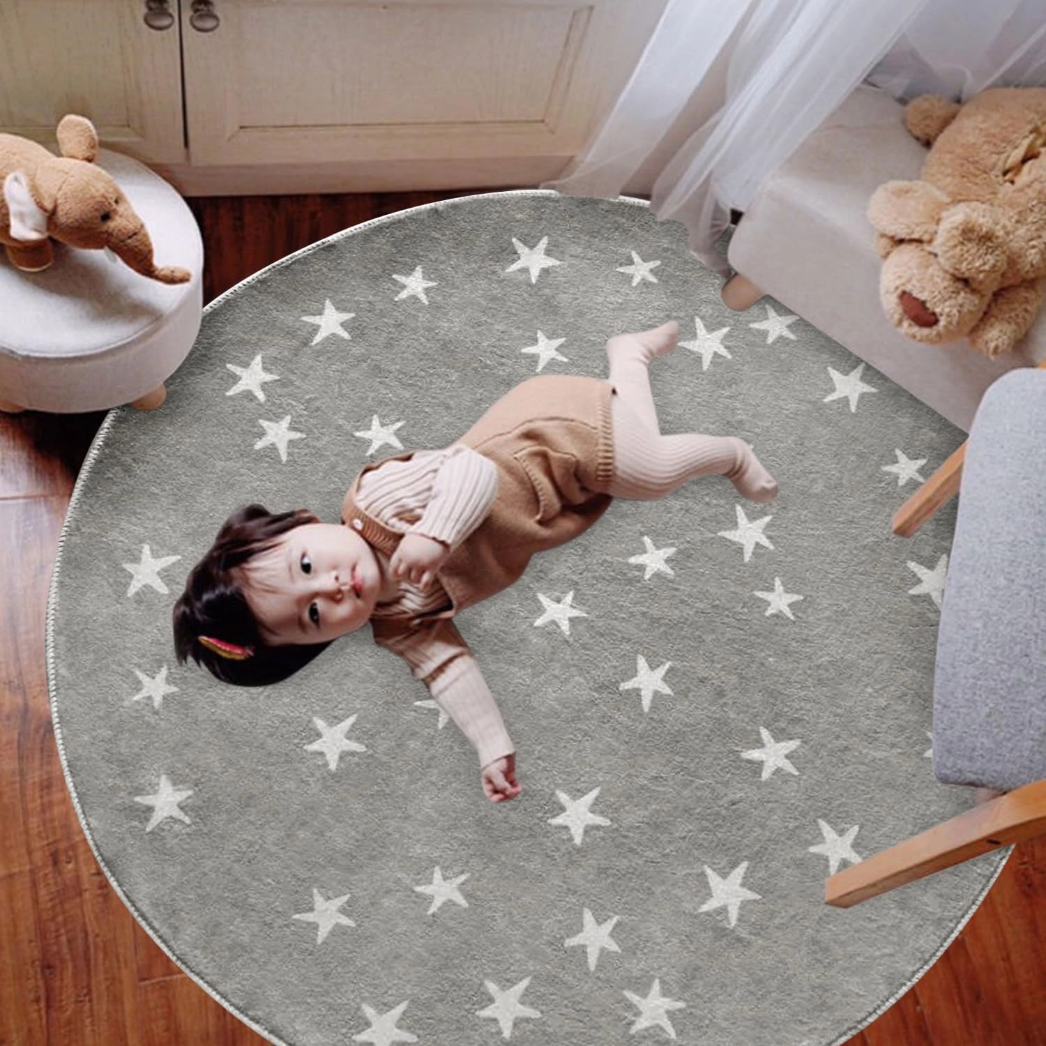 Poowe Stars Round Rug Starry Sky Stars Area Rug Soft Durable Washable for Nursery Playroom Classroom，Kids Area Rug, Large Non-Slip Baby Crawling Floor Mat,Grey-Round 4FT